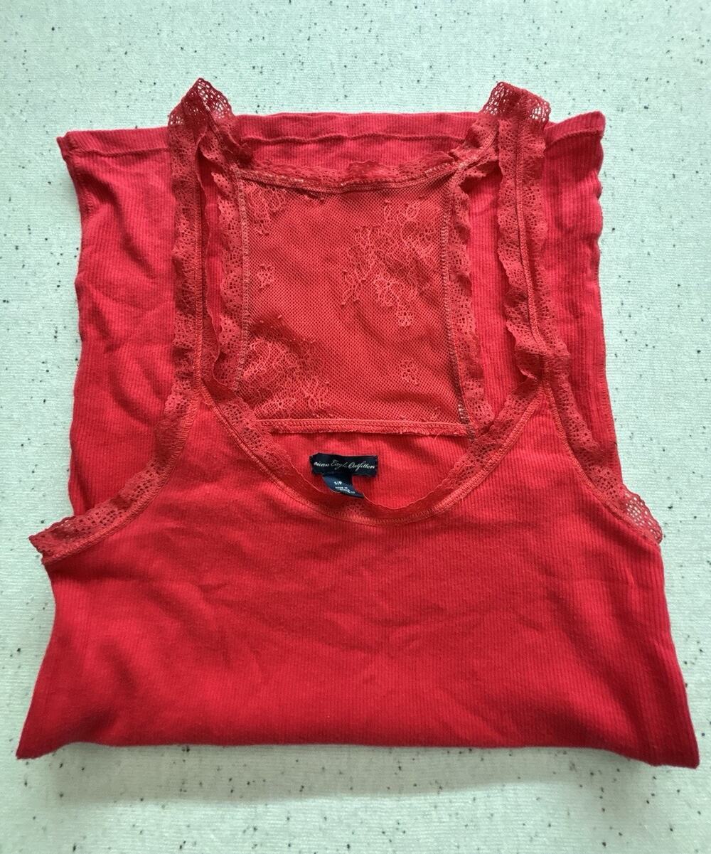 American Eagle Red Ribbed Lace Trim Tank Top Small S Racerback Sheer Mesh Floral